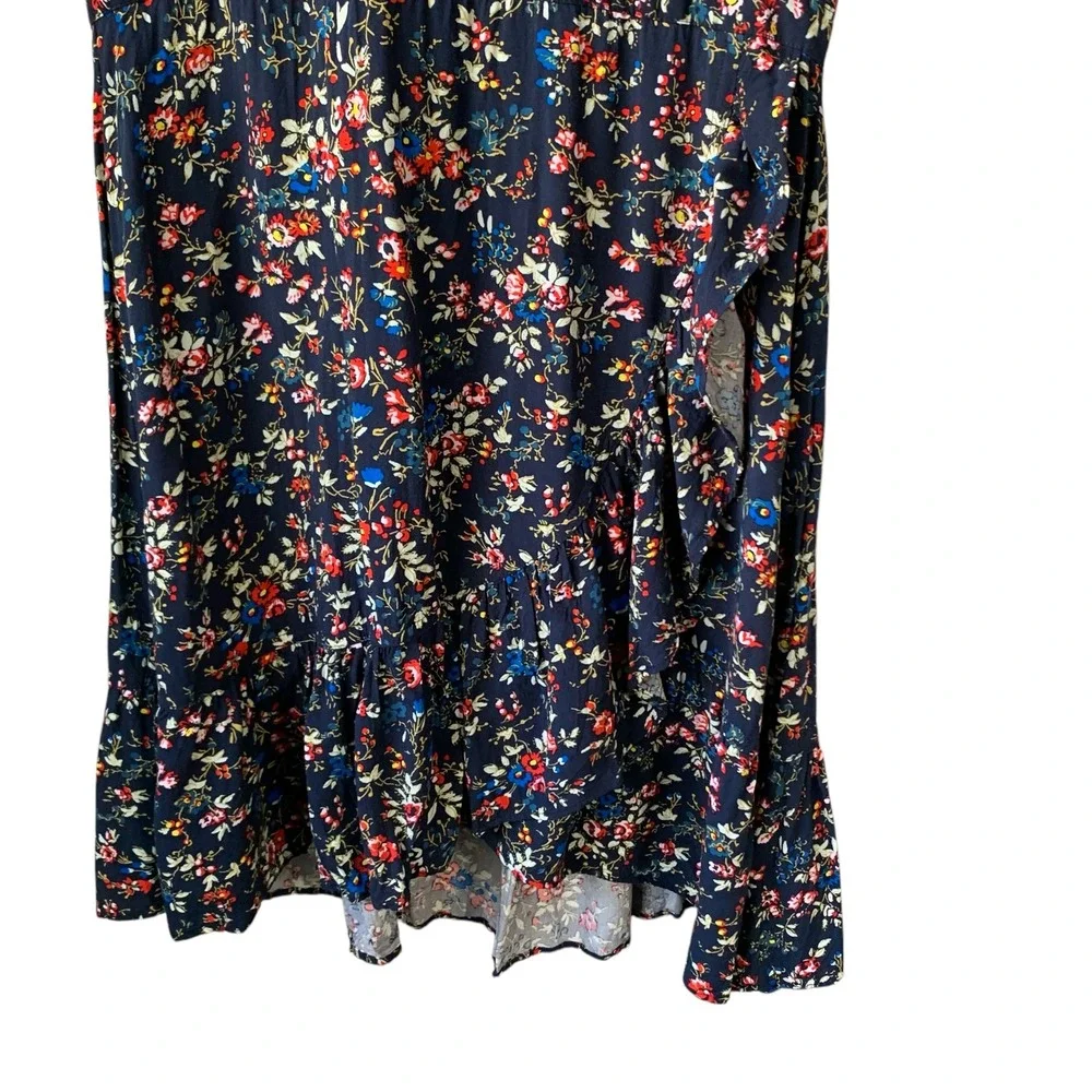 J. Crew navy multi floral print faux wrap‎ cap sleeve ruffle trim dress. Size 8